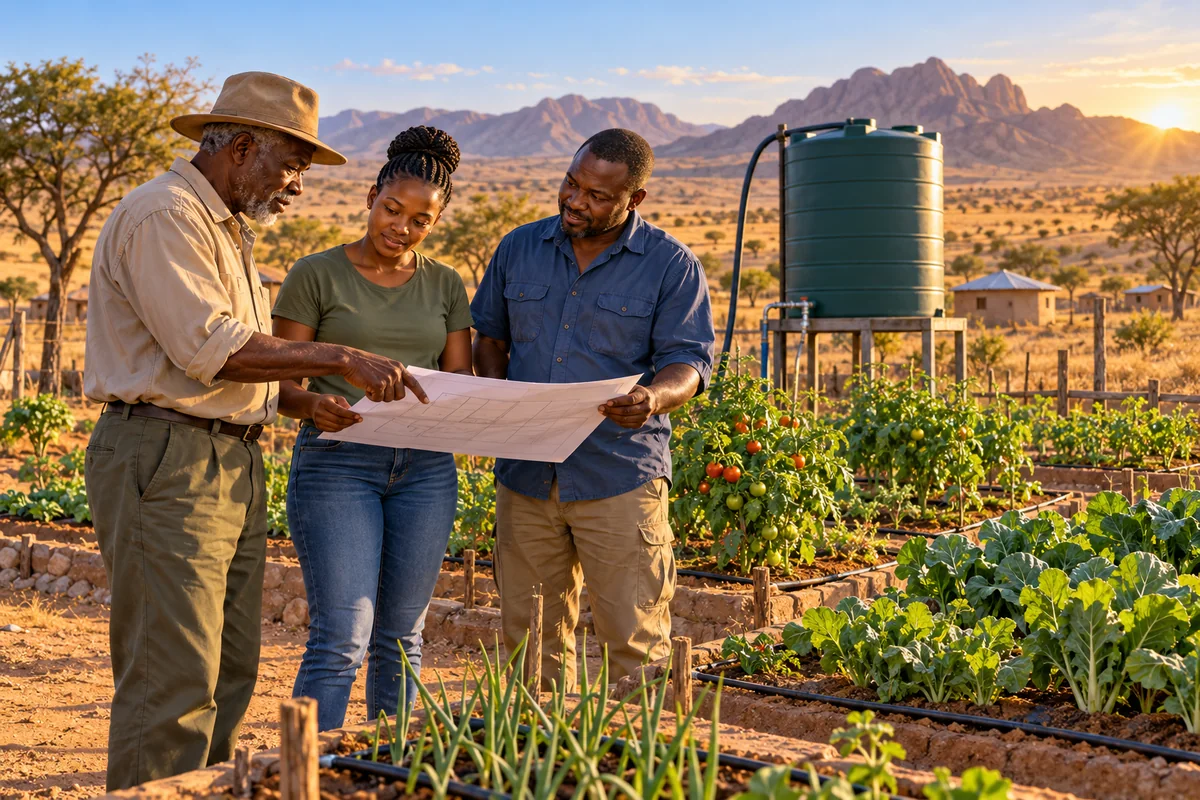 Editorial illustration of community leadership, food growing and water planning in Namibia